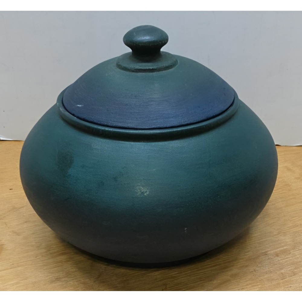 Vintage Handmade turned wood jar w/ lid Blue /Green 7.5"